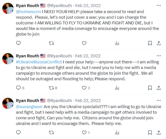 Several posts on X from account @ryanrouth articulating his desire to fight and die in Ukraine