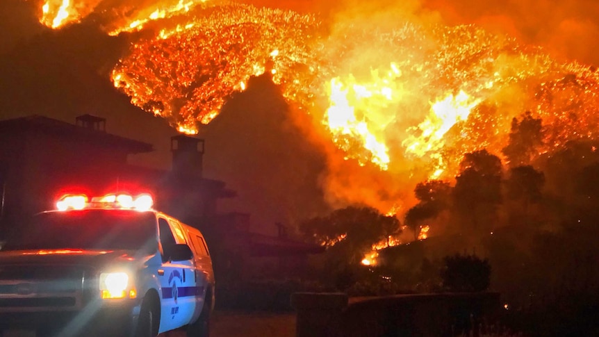 A police car sits running only metres away from a burning bushfire.