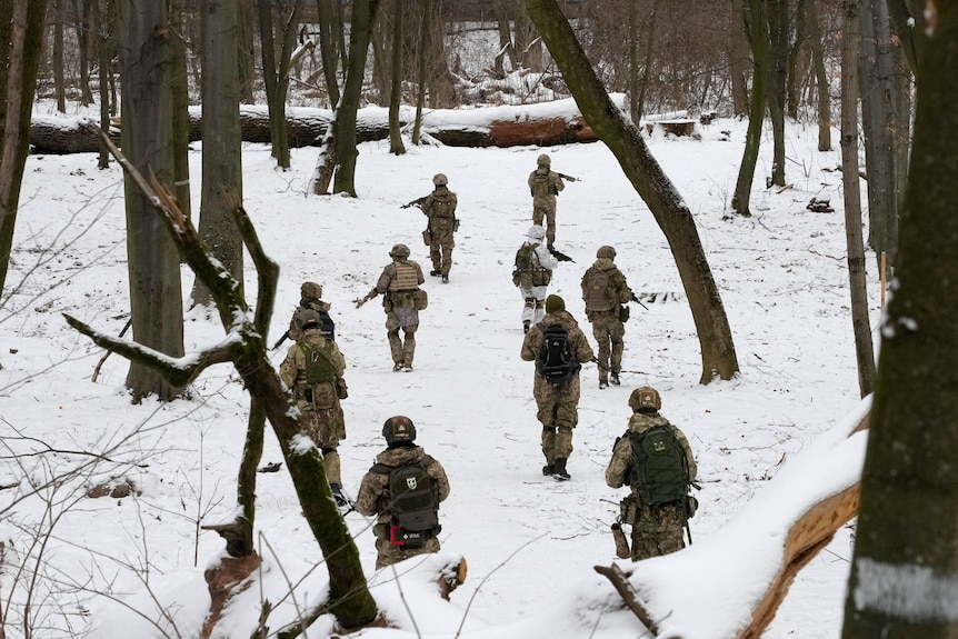 Soldiers walk through the woods.