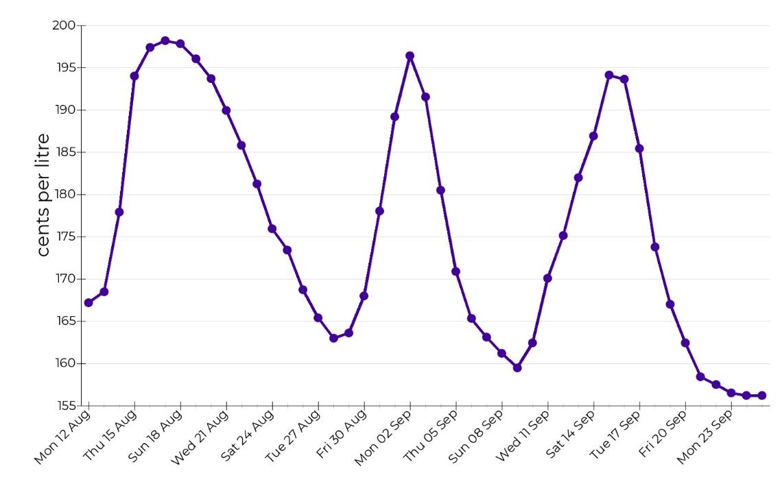 A chart showing fortnightly spikes in petrol prices followed by steep drops