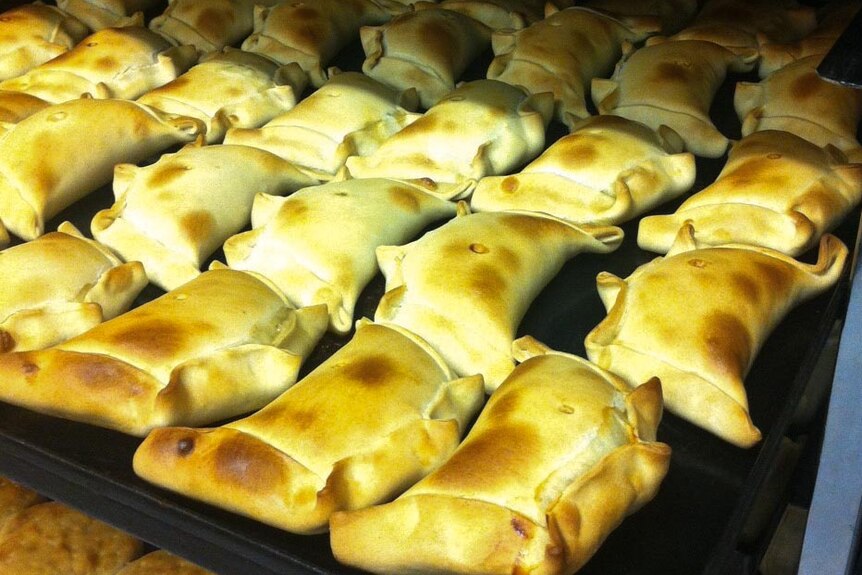 Freshly cooked empanadas in rows on a tray