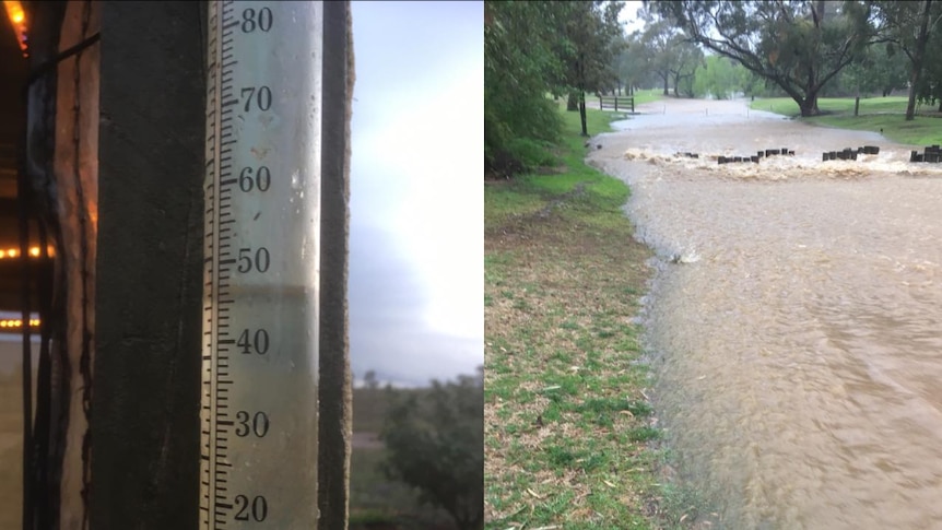 A composite image showing a rain gauge and a flooded river