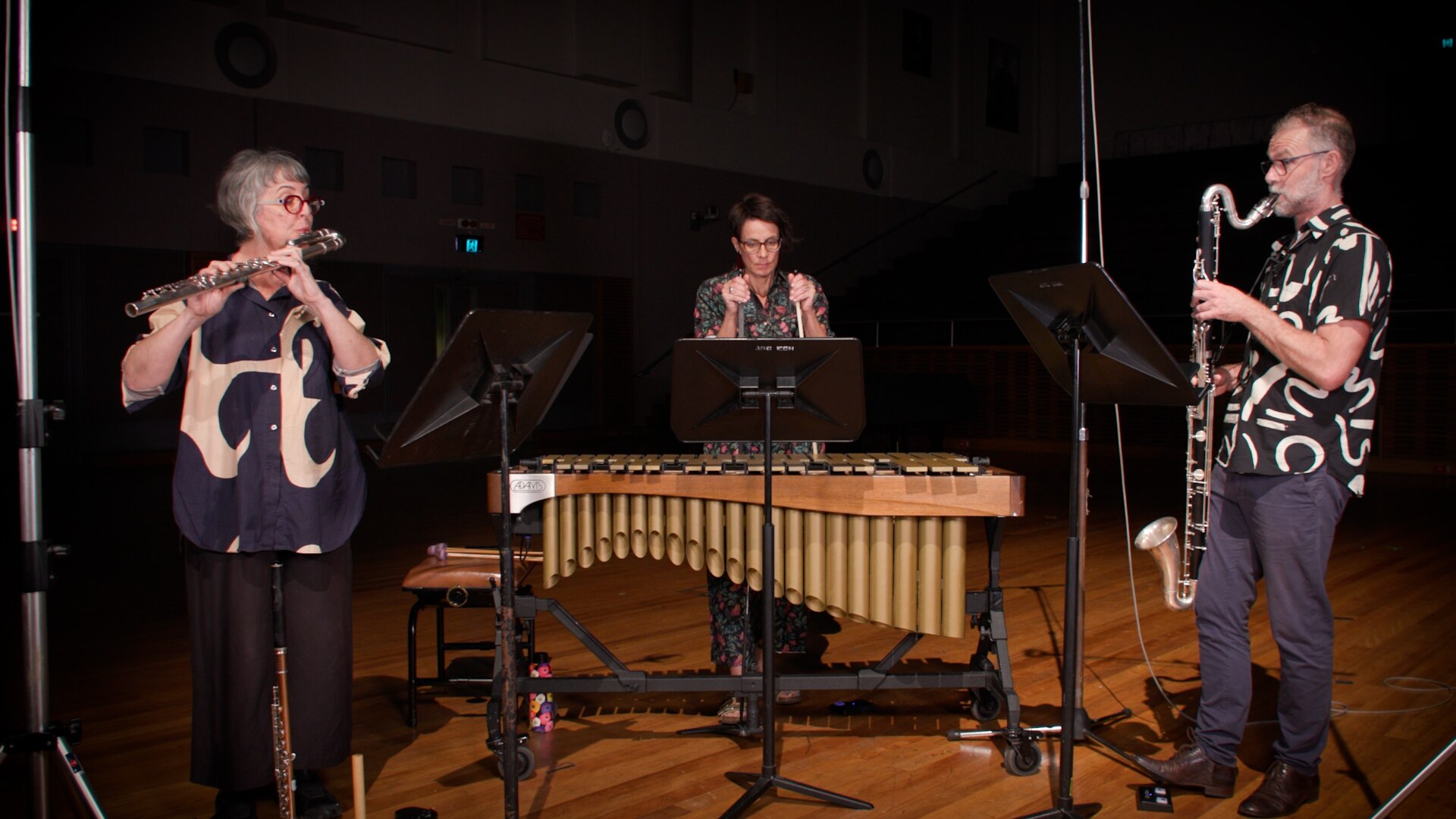 Three musicians play marimba, flute and bass clarinet in an auditorium with sound recording equipment