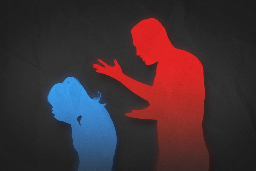 A black graphic showing a man's silhouette in red, gesticulating over a girl depicted in blue