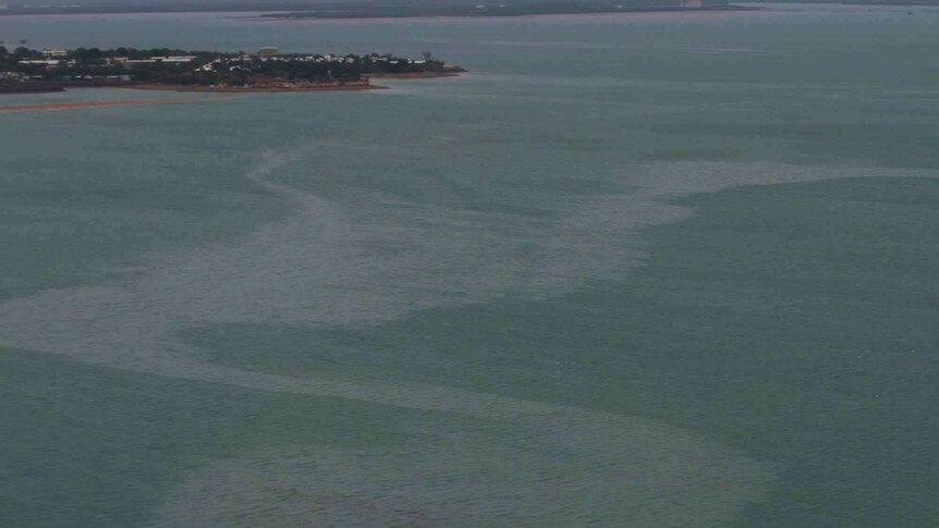 An oil slick across a large part of Darwin Harbour.