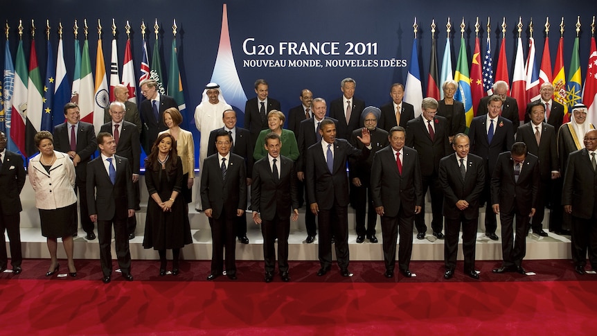 World leaders pose for a photo at the 2011 G20 summit in Cannes, France.