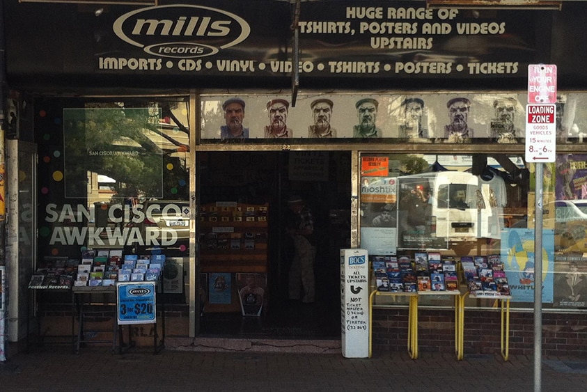 The shopfront of Mills Records in Fremantle, Australia