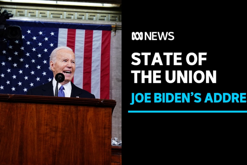State of the Union, Joe Biden's Address: Joe Biden speaks at a podium with a US flag as a backdrop.