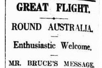 An image of a newspaper headline that reads, Great flight round Australia, enthusiastic welcome