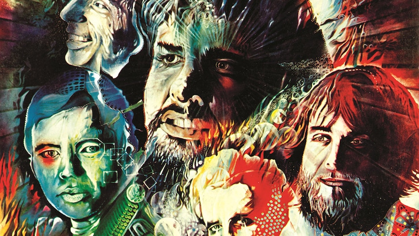 A psychedelic painting of the members of Canned Heat from the cover of their 1968 album Boogie with Canned Heat