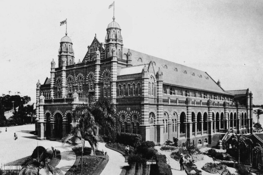 Black and white photo of the Old Museum in Brisbane.