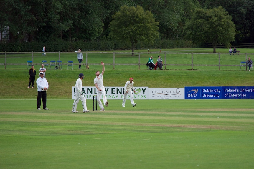 A cricket game takes place on a green field as a small number of spectators watches on.