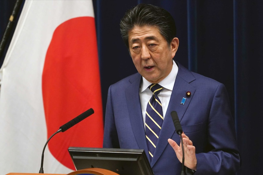 Japanese Prime Minister Shinzo Abe delivers a speech about the coronavirus situation in Japan.