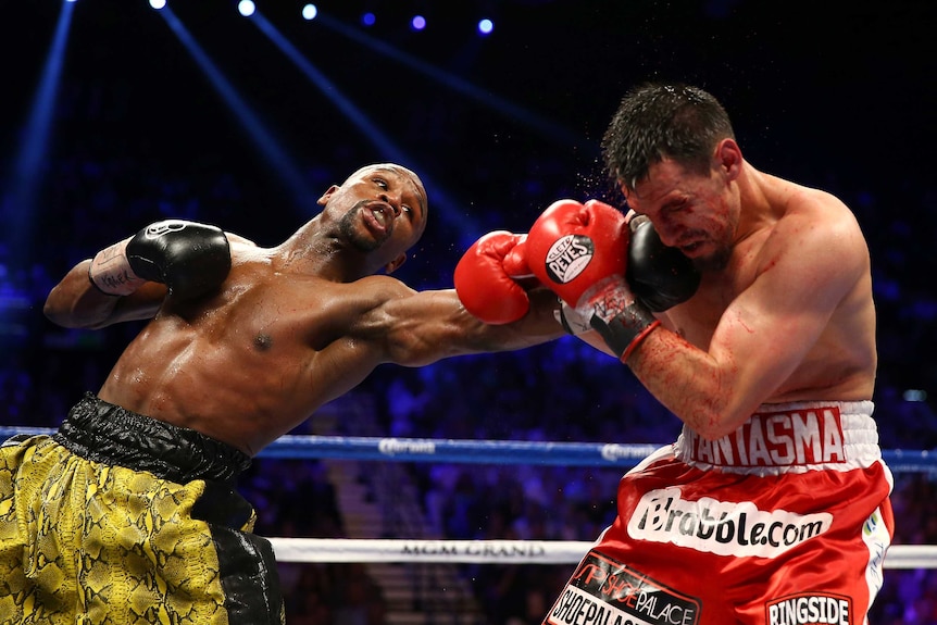 Floyd Mayweather Jr throws a left to the face of Robert Guerrero in their title bout in May 2013.