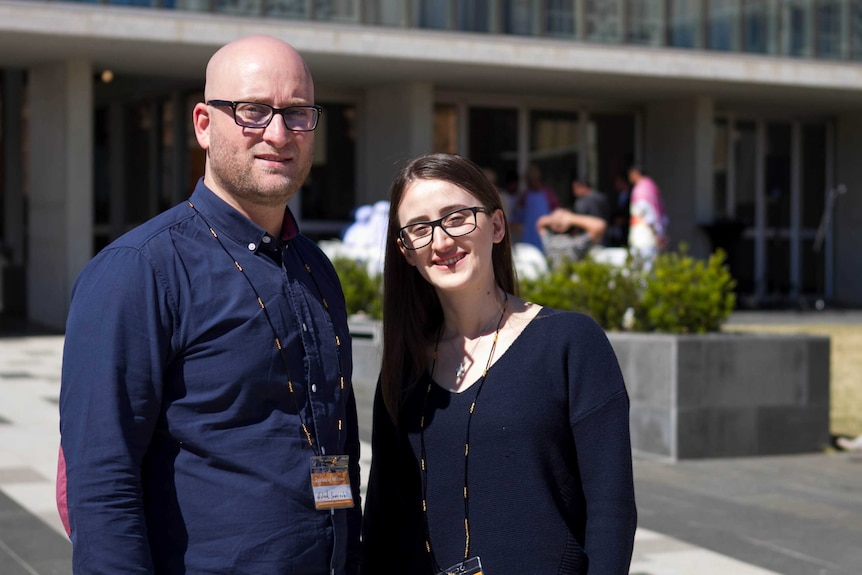 Waleed Sammouh and Najwa Samman outside the Toowoomba Regional Settlement conference in 2018.