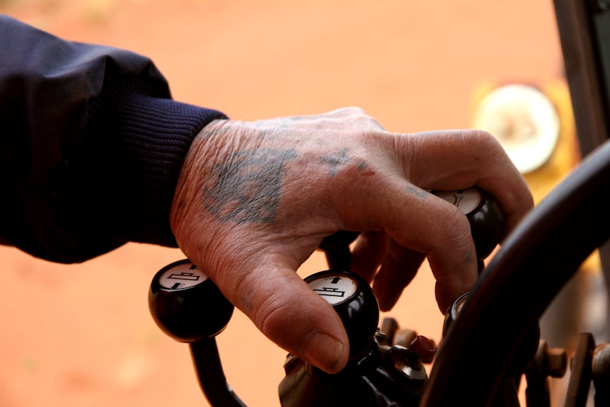 A tattooed hand holding gears in a truck. 