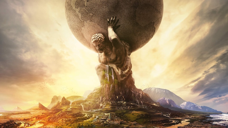 Cover art from Civilization 6: A classical statue of a man holding up a planet on his shoulders