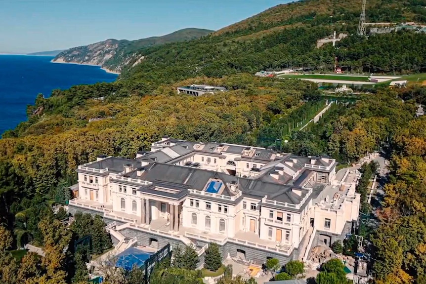This frame from video shows a view of a lavish estate surrounded by trees and overlooking Russia's Black Sea.