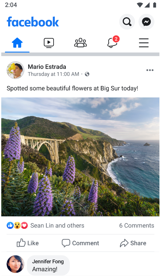 A facebook post with an outdoor image that doesn't show the number of likes.