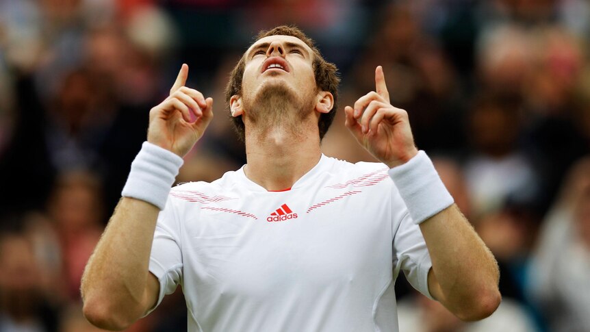 Andy Murray celebrates his win over Marin Cilic at Wimbledon.