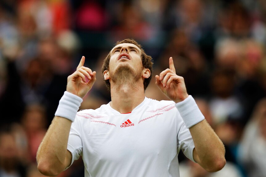 Andy Murray celebrates his win over Marin Cilic at Wimbledon.