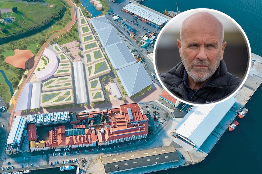 An alternative proposal for Macquarie Point showing buildings and green space with an inset of author Richard Flanagan.