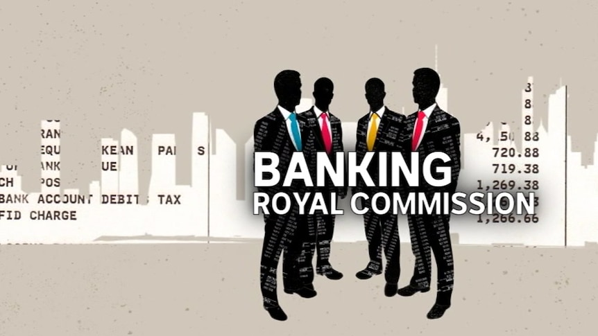 A graphic shows four men in suits and ties that match the colours of the 'Big Four' banks.