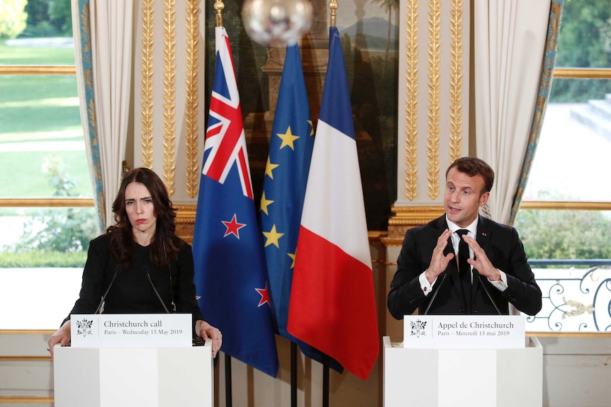 New Zealand Prime Minister Jacinda Ardern and French President Emmanuel Macron.