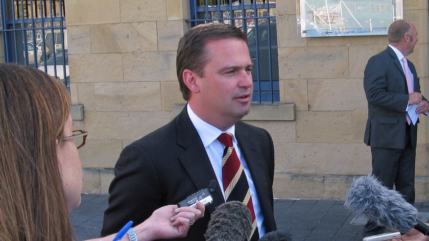 Tasmanian Premier David Bartlett at a media doorstop.
