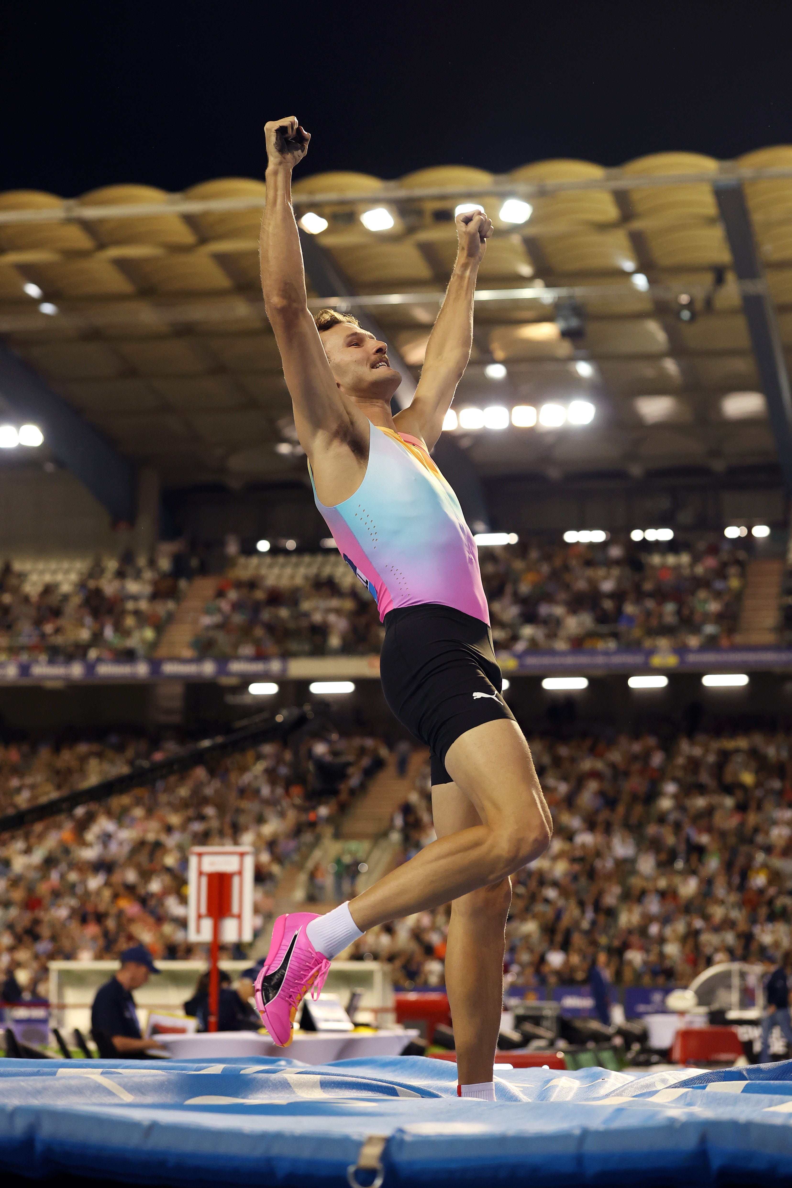 Kurtis Marschall celebrates during men's pole vault at Diamond League Final.