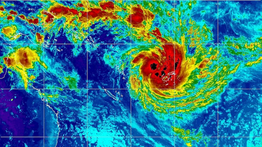 A weather chart shows the Western Pacific with a large red splotch near Fiji.