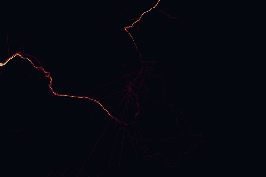 An illuminated path is mapped between in the Everest region.