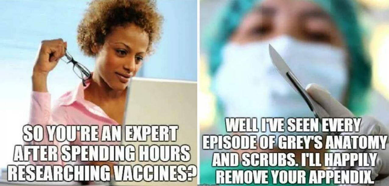 A meme about vaccines with an image of a woman on a computer and a a surgeon with a scalpel.