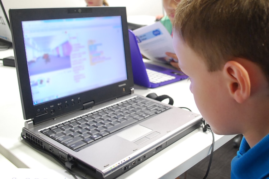 Student looking at a laptop computer.