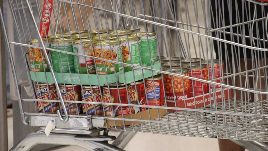 A close-up of a shopping trolley with tins of spaghetti and baked beans stacked inside.