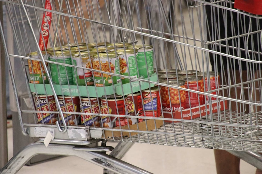 A close-up of a shopping trolley with tins of spaghetti and baked beans stacked inside.