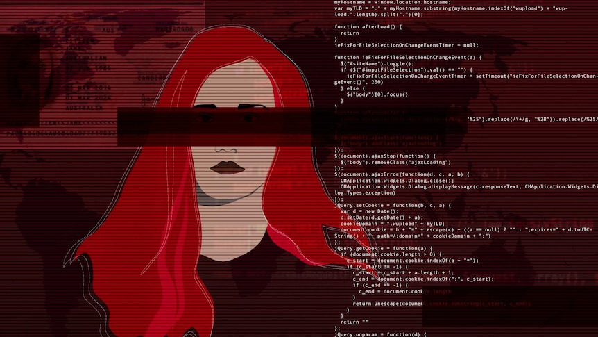 Illustrated portrait of girl with red hair and white hacker text overlay, eyes covered by blocks of dark red.
