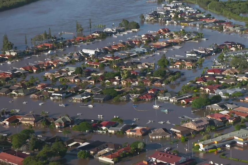 Aerial shot of flooded town.