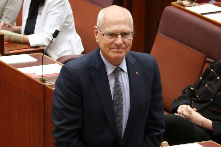 Jim Molan, with his hands crossed in front of him, smiles in the Senate. Marise Payne is sitting behind him.