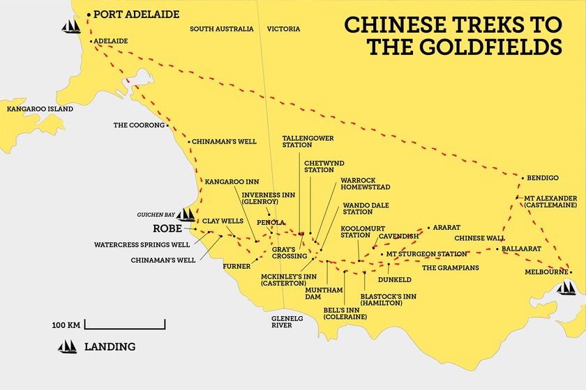 Map of Victoria and South Australia showing the routes taken by Chinese migrants.
