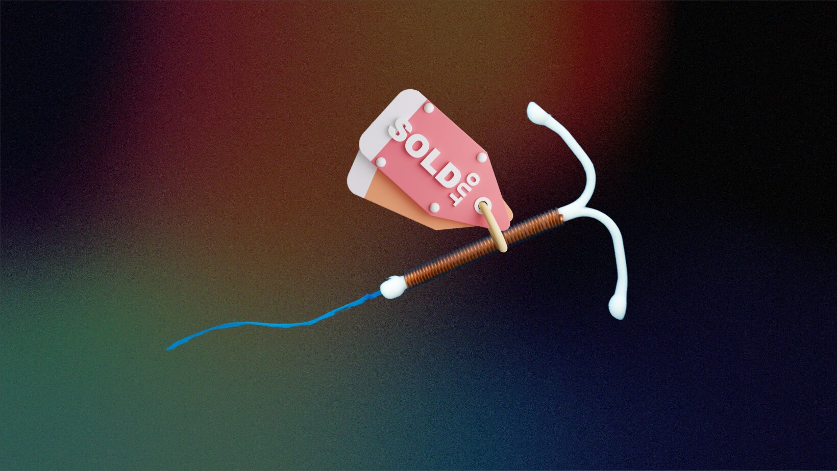 A t-shaped copper IUD in front of a dark background with a pink sold out tag attached.