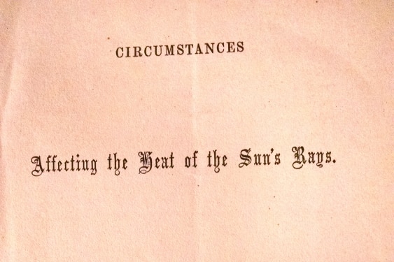 Faded oage of a science paper from 1856 with text Circumstances Affecting the Heat of the Sun's Rays by Mrs Eunice Foote