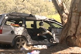 A car with major damage after hitting a tree.
