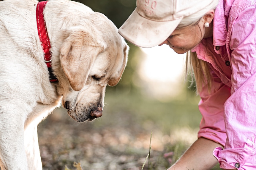 woman and her dog looking at truffles on the ground