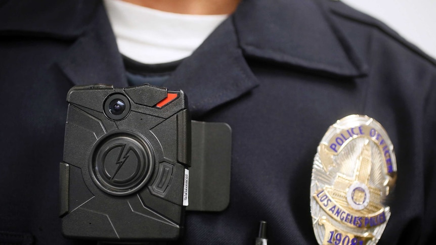 A body camera pinned to the chest of a Los Angeles police officer