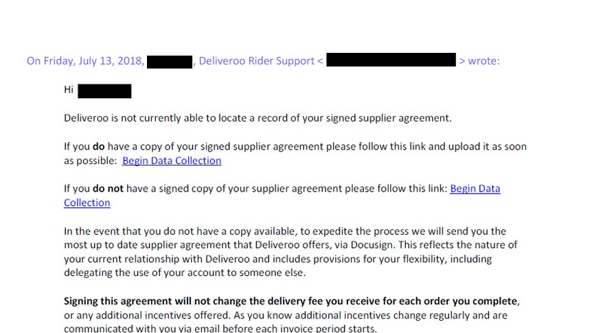 Deliveroo's email to riders, sent on July 13