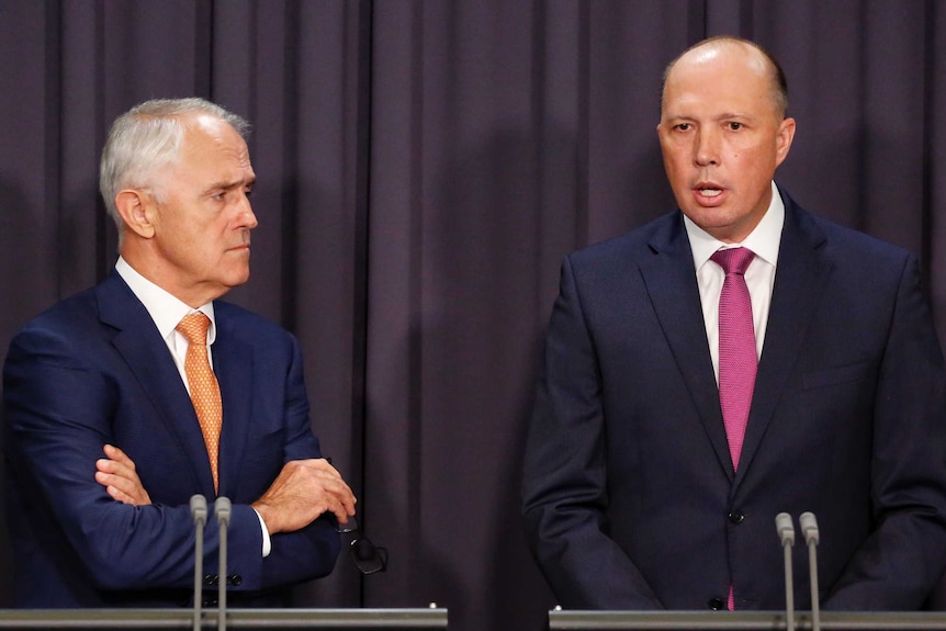 Malcolm Turnbull (left) and Peter Dutton (right) at a press conference in Canberra.