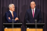 Malcolm Turnbull (left) and Peter Dutton (right) at a press conference in Canberra.