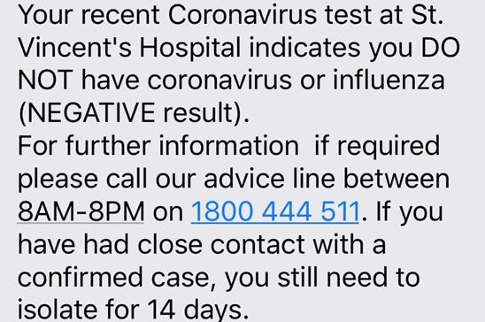 A text message informing a person about a negative COVID-19 test result.