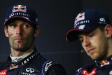 Red Bull race winner Sebastian Vettel, right, at the Malaysian Grand Prix press conference with Mark Webber.